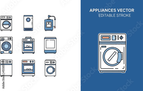 A collection of nine household appliances including washers ovens and refrigerators