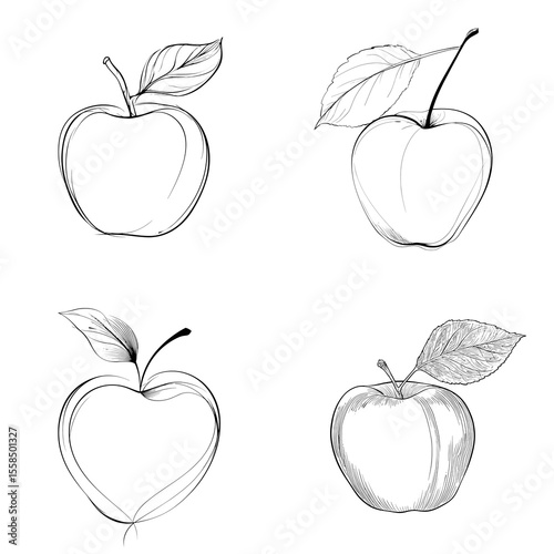 Elegant apple fruit line art illustrations with minimalist and detailed styles, ideal for organic branding, healthy food visuals, and botanical collections.

