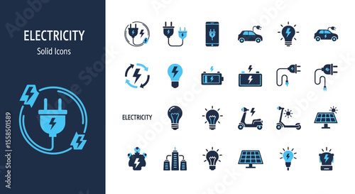 Electricity Icons Set Power, Energy, and Sustainable Solutions for Modern Applications
