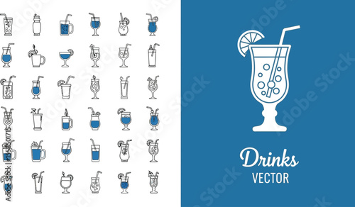 Illustration of various cocktail glasses and drinks on white and blue background