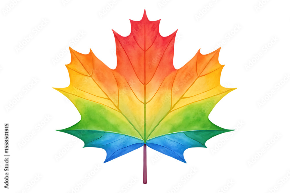 Obraz premium Vibrant watercolor maple leaf showcasing a rainbow gradient from red to blue isolated on transparent background