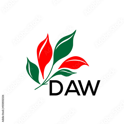 DAW Modern Leaf Logo Design with Red and Green Colors, DAW Later Logo, Nature Inspired Minimalist Logo Template, Professional Plant Logo for Business Branding.
