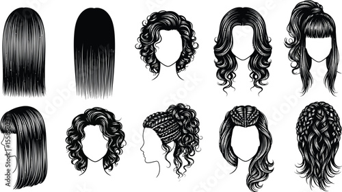 A collection of ten different black and white hairstyles on a white background