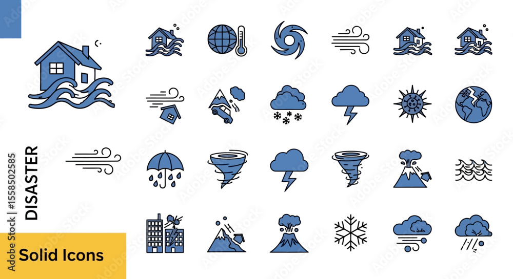 Fototapeta premium Disaster Icons Collection Vector Set Depicting Natural Calamities and Weather Events for Design and Illustration