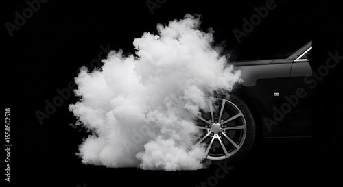 黒背景に浮かぶ白い煙、力強い車輪、躍動感あふれる瞬間