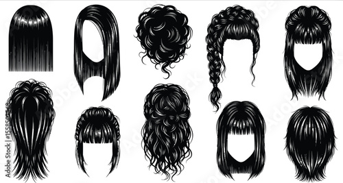 Collection of ten different black hair styles on a white background illustration