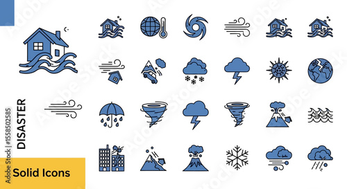 Disaster Icons Collection Vector Set Depicting Natural Calamities and Weather Events for Design and Illustration