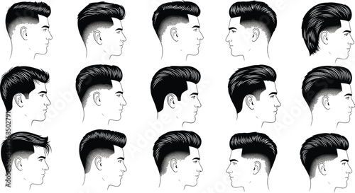 Collection of fifteen different men's hairstyles in black and white line drawings