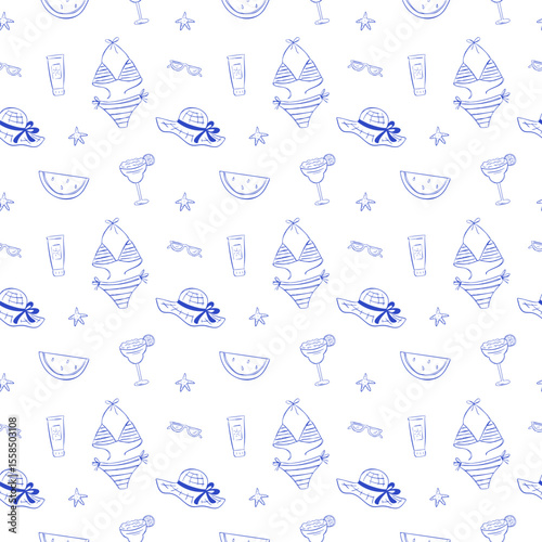 Summer pattern. Background with hand drawn cute summer elements. Doodle sketch. Seamless pattern for textile, home decor