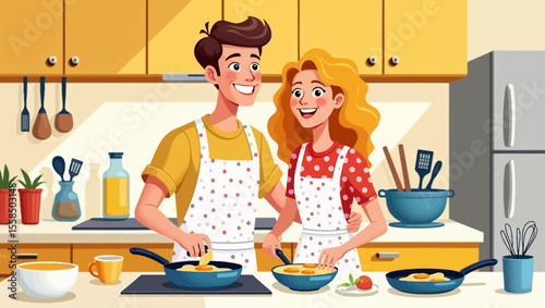 Happy couple cooking vector in modern kitchen. Perfect for food blog, recipe, family lifestyle and culinary design.