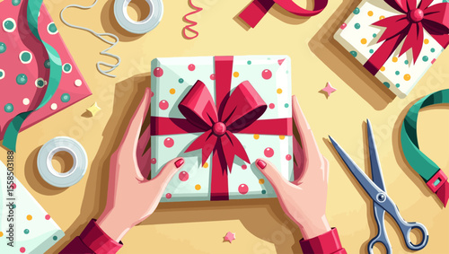  Gift wrapping vector with hands tying ribbon. Perfect for Christmas, birthday, and holiday packaging designs.