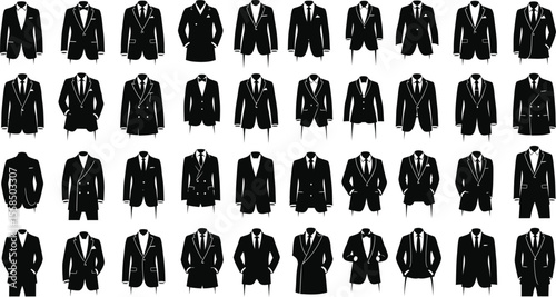 A collection of black suit illustrations in various styles and arrangements on white