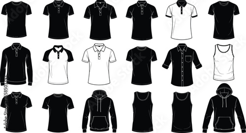 Illustration of various black and white shirts including polos and hoodies on white