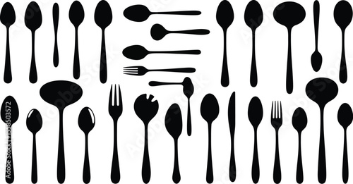 Silhouette of various kitchen utensils including spoons forks and a ladle on white