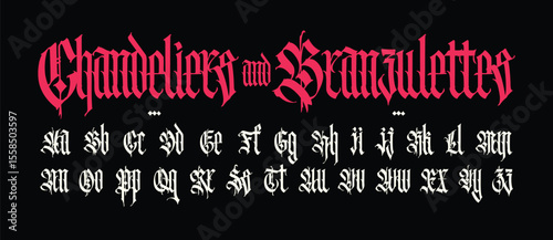 Modern Gothic, full English alphabet. Vector. Medieval uppercase and lowercase Latin letters. Signs and symbols for design. Ancient European style. Calligraphy and lettering.