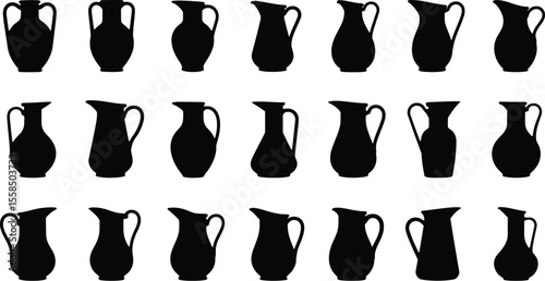 Collection of black silhouette images of various pitchers and vases on white background