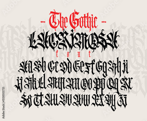 Gothic, English alphabet. Vector. Medieval Latin letters. Signs and symbols for tattoos. Ancient European style. Calligraphy and lettering. Separate uppercase and lowercase letters.