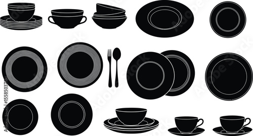 A monochrome illustration of various tableware items including plates and cups set