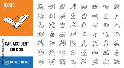 Comprehensive Car Accident Line Icons Editable Stroke Vector Graphics