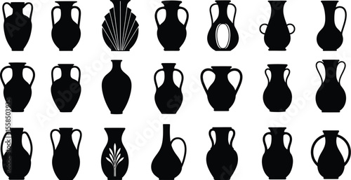 Collection of twenty one black silhouette vase and amphora shapes on white background