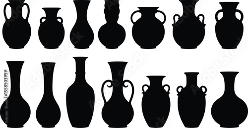 Collection of fourteen black silhouette vase and urn shapes in two rows on white background