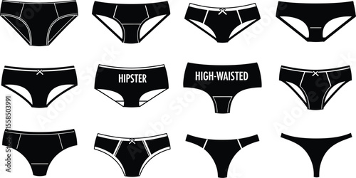 Assorted black panty styles including hipster and high waisted on a white background