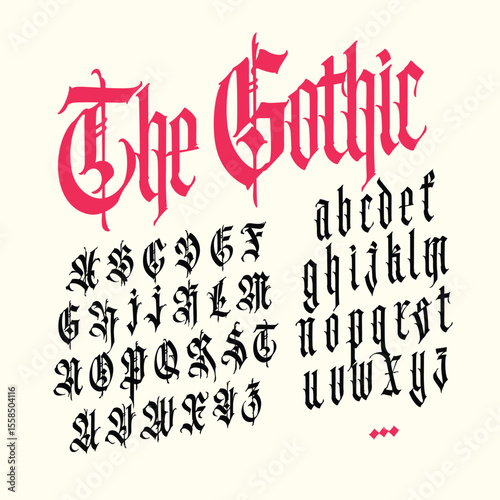 Gothic, English alphabet. Vector. Medieval Latin letters. Signs and symbols for tattoos. Ancient European style. Calligraphy and lettering. Separate uppercase and lowercase letters.