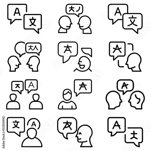 Illustration showing people communicating in different languages using speech bubbles