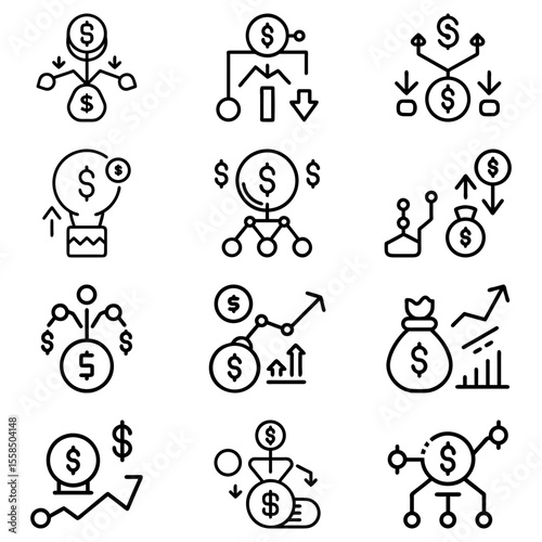 Illustration of twelve money and finance related icons in a grid arrangement showing growth and loss