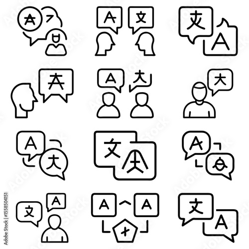 Illustrations of people communicating with speech bubbles containing different languages and symbols