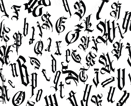 Pattern, ornament in the Gothic style. Vector. Alphabet. Symbols are black on a white background. Calligraphy and lettering. Medieval Latin letters. Logo for the company. Set. Elegant font for tattoo.