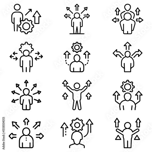 Collection of business management icons showing decision making and growth with human figures and arrows