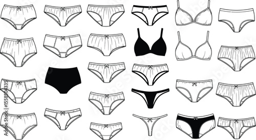 A collection of outlined underwear and bras in a repeating pattern on white background