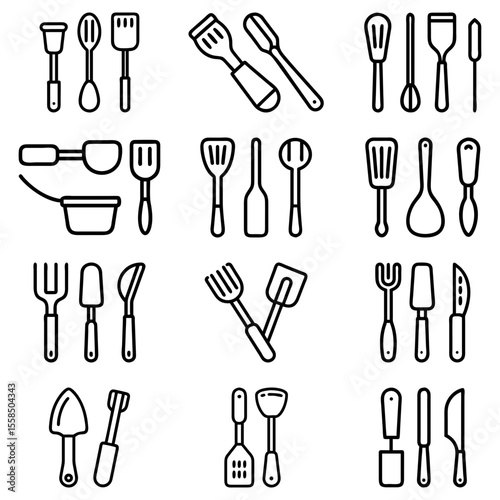 Collection of kitchen utensils including spatulas, spoons, forks, and knives in a line art style image