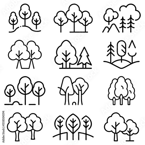 Collection of twelve stylized tree icons in a grid format showing various tree and forest arrangements
