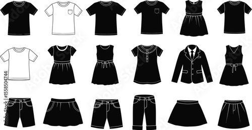 Collection of black and white clothing items including shirts skirts and dresses