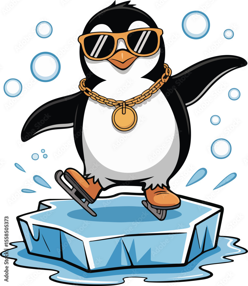 Obraz premium Cool Penguin Skater A stylish penguin ice skating with sunglasses and a gold chain, adding a fun and trendy vibe transparent isolated vector 