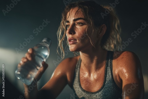 Young woman hydrating after exercising on stationary bike, showing dedication to fitness and healthy lifestyle