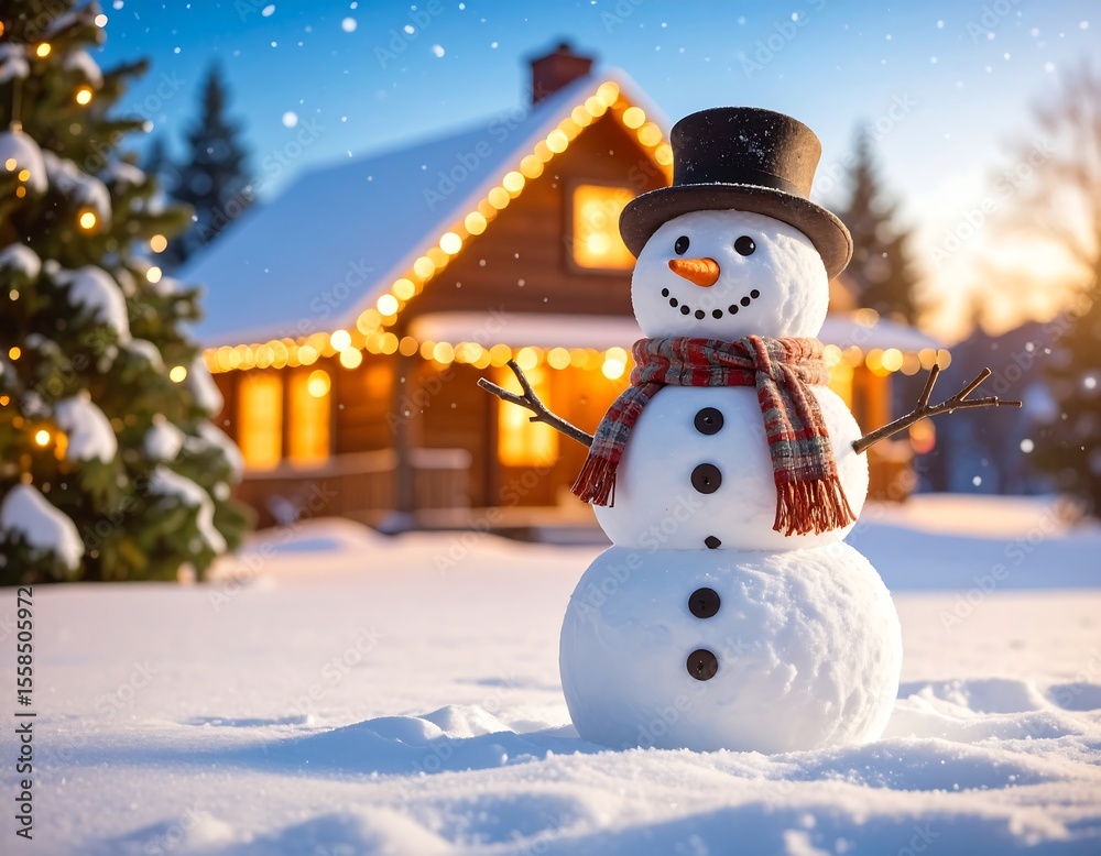 Obraz premium Snowman by a cozy cabin