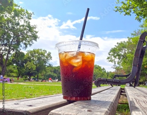 暑い日の公園のベンチに置かれたテイクアウトのアイスコーヒー