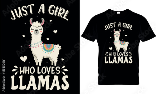 Just a girl who loves llamas t shirt design, llama illustration, black t-shirt, typography
