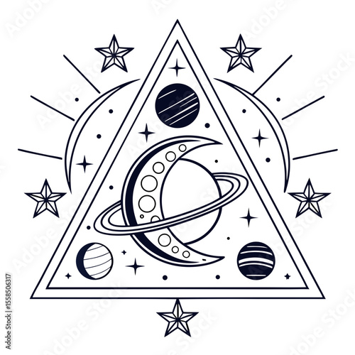 Monoline Hand Drawing Crescent moon inside sacred triangle with stars creates mystical atmosphere