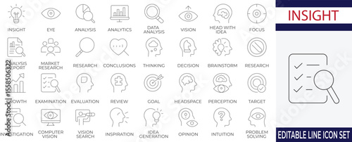 A clean, modern icon set illustrating insight, analytics, data research, and brainstorming concepts. Perfect for business dashboards, market analysis, and educational infographics.