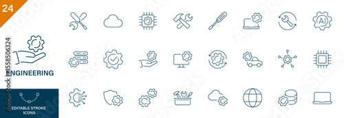 Engineering icon. Containing wrench screwdriver, gears, information technology, cloud, chip, computer. Editable stroke icon set.
