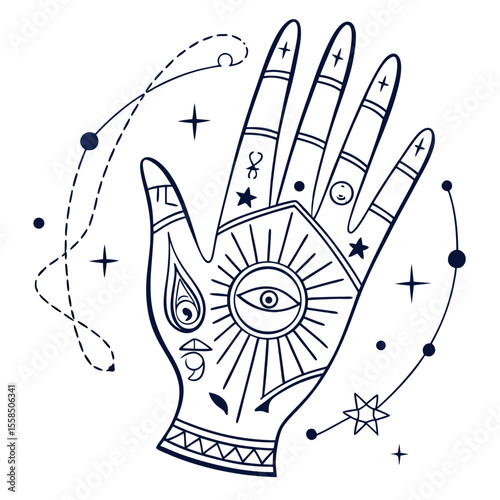 Monoline Hand Drawing Third Eye Palmistry hand with zodiac signs and celestial elements, showcasing mystical symbols and lines