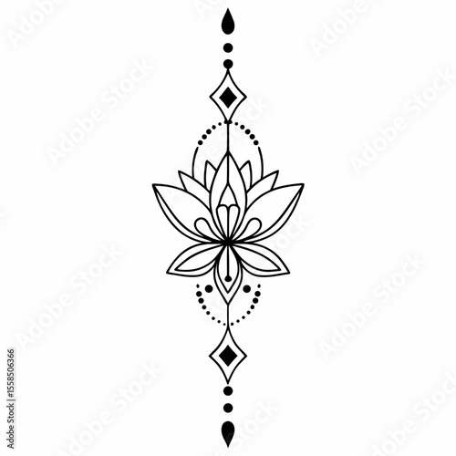 Monoline Hand Drawing Elegant lotus flower design with chakra alignment dots, symbolizing spirituality and balance