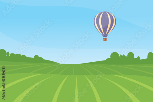 Hot air balloon flying over a green field at sunset. Peaceful rural landscape for travel, summer vacation, adventure, or countryside tourism concepts. Flat vector illustration. 