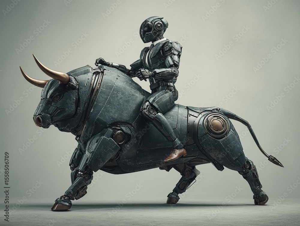 Fototapeta premium Robot rides a mechanical bull. Concept art of a futuristic scene with a bull and robot rider.