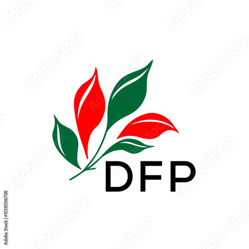 DFP Modern Leaf Logo Design with Red and Green Colors, DFP Later Logo, Nature Inspired Minimalist Logo Template, Professional Plant Logo for Business Branding.
