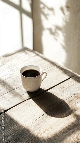 Cup of coffee on a wooden table.